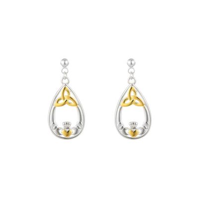 Silver Sterling and Spot Gold Trinity and Claddagh Drop Earrings